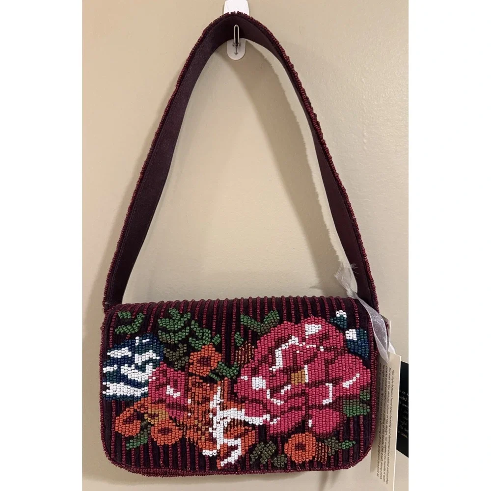 Beaded Maroon Floral Shoulder Bag Handmade in India New with Tags